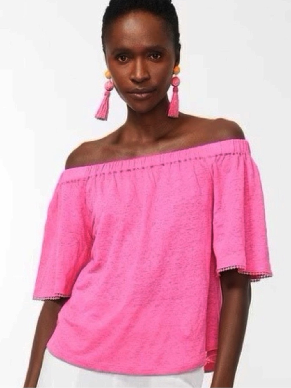 NWT Chico's Linen Off The Shoulder Pom Pom Trim Top Bahamian Pink Size 3 US XL